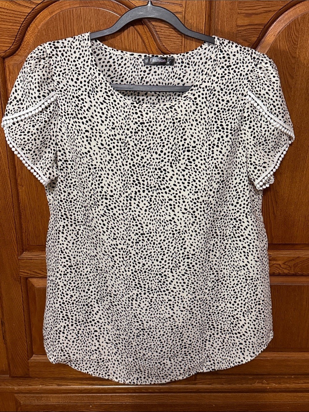 Black & White Dotted Short Sleeve Blouse by Fashion